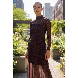 Allsaints Hanna Stanza Dress Mesh Overlay High Neck Snakeskin Midi 2 Black Red